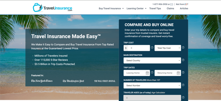 A screenshot of a web browser showing TravelInsurance.com